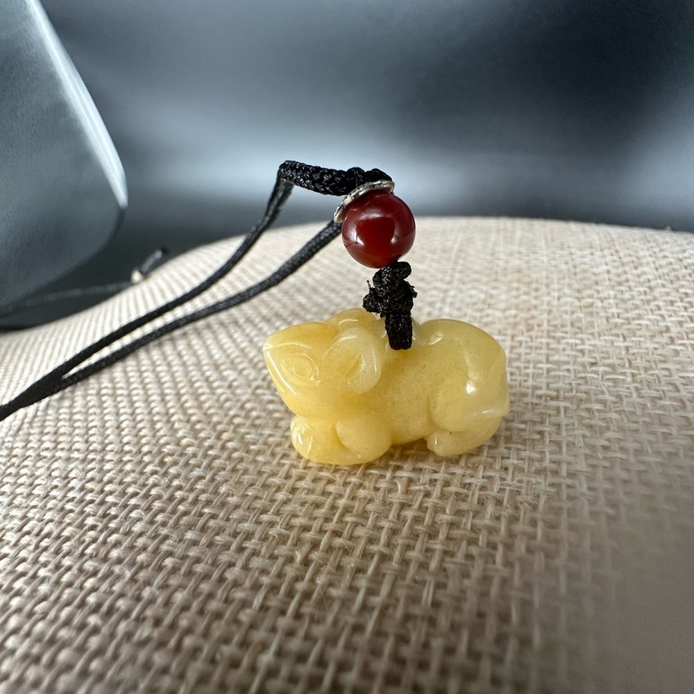 Yellow Jade Rat Carving Pendant Necklace on Black Adjustable Rope - Picture 14 of 16